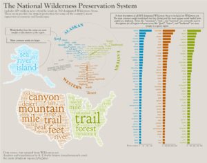 Infographic depicting the most common and most unique words used to describe US Wilderness Areas
