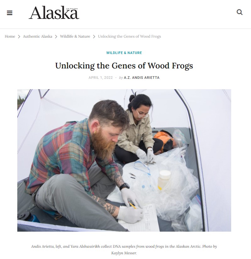 Screenshot of the Alaska Magazine website for the article featuring a picture of Andis and Yara doing DNA extractions in a tent. Image by Kaylyn Messer.