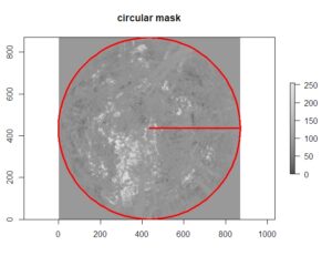Circular hemispheric plot output by hemispheR's 'import_fisheye' function. 